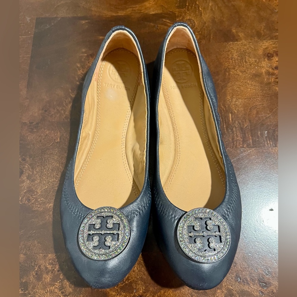 Tory Burch Ballet Flats -Navy blue with embellished logo.